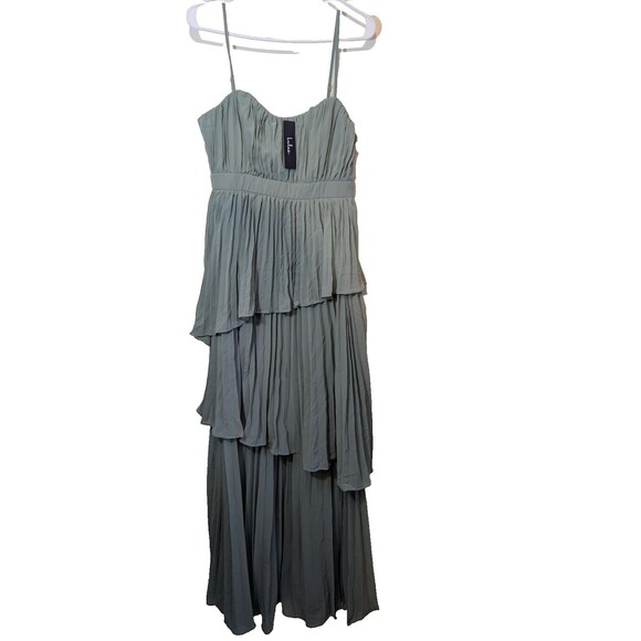 Lulus Jehona Sage Brush Pleated Tiered Maxi Dress Bridesmaid Medium - Picture 2 of 10